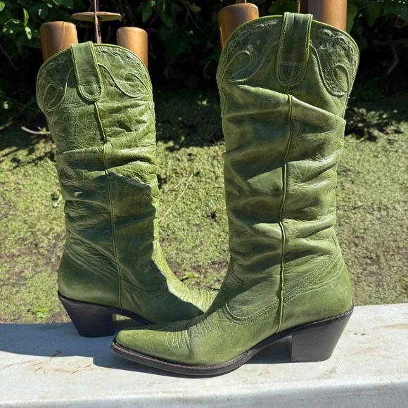 Steve Madden Saddle Green Leather Slouchy Western Cowboy Boots Womens 9B Brazil - Picture 7 of 13